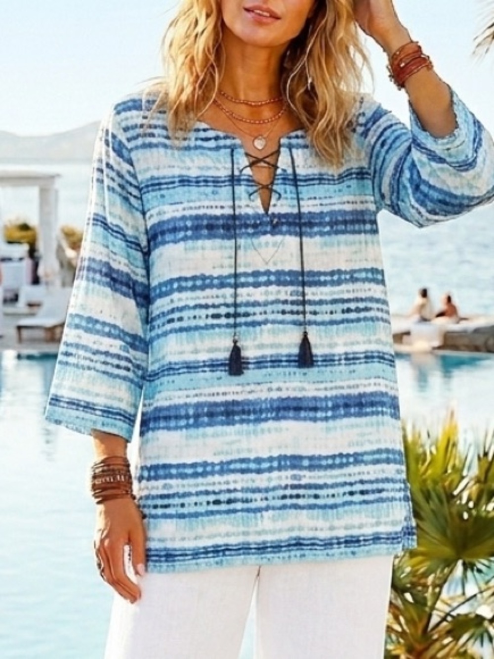 Ruby Rd. Coastal Ocean Resortwear Linen Lace Up Tunic Top Popover XL